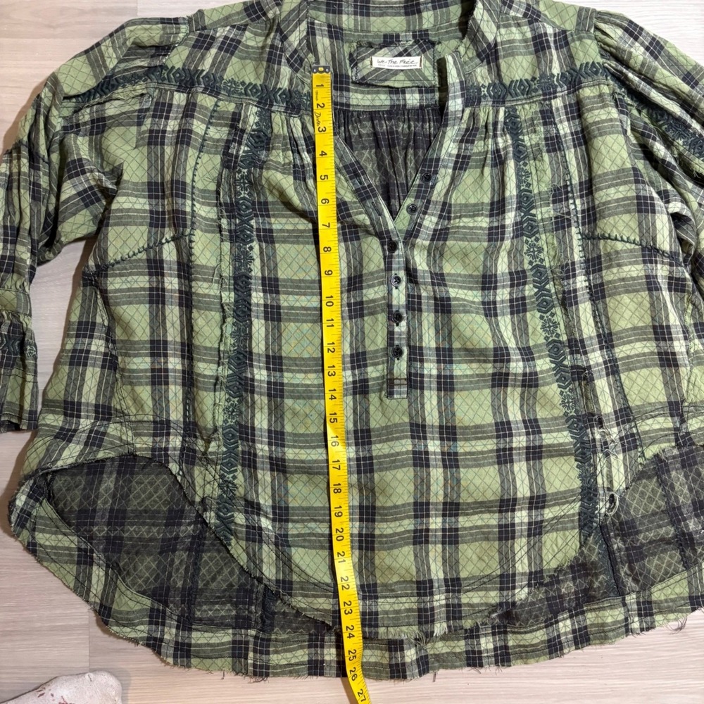 Free People Blouse Women Green Plaid Embroidered Henley Boho Raw Hem Size S - Picture 5 of 16